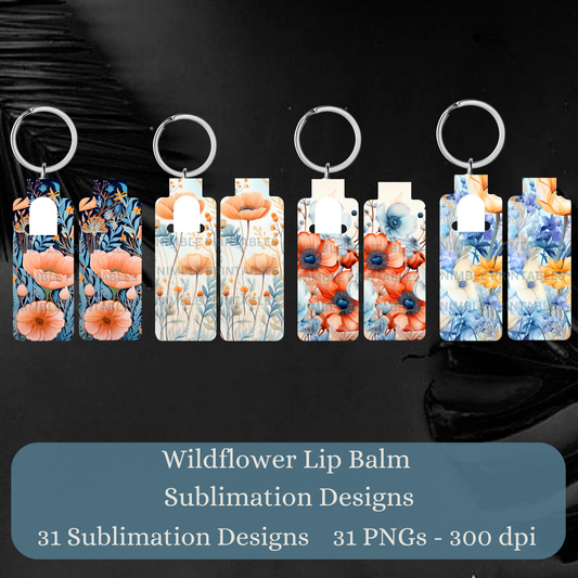 Wildflower Lip Balm Holder Keychain Set, Floral Sublimation Designs, 31 PNGs, 300 dpi Digital Download
