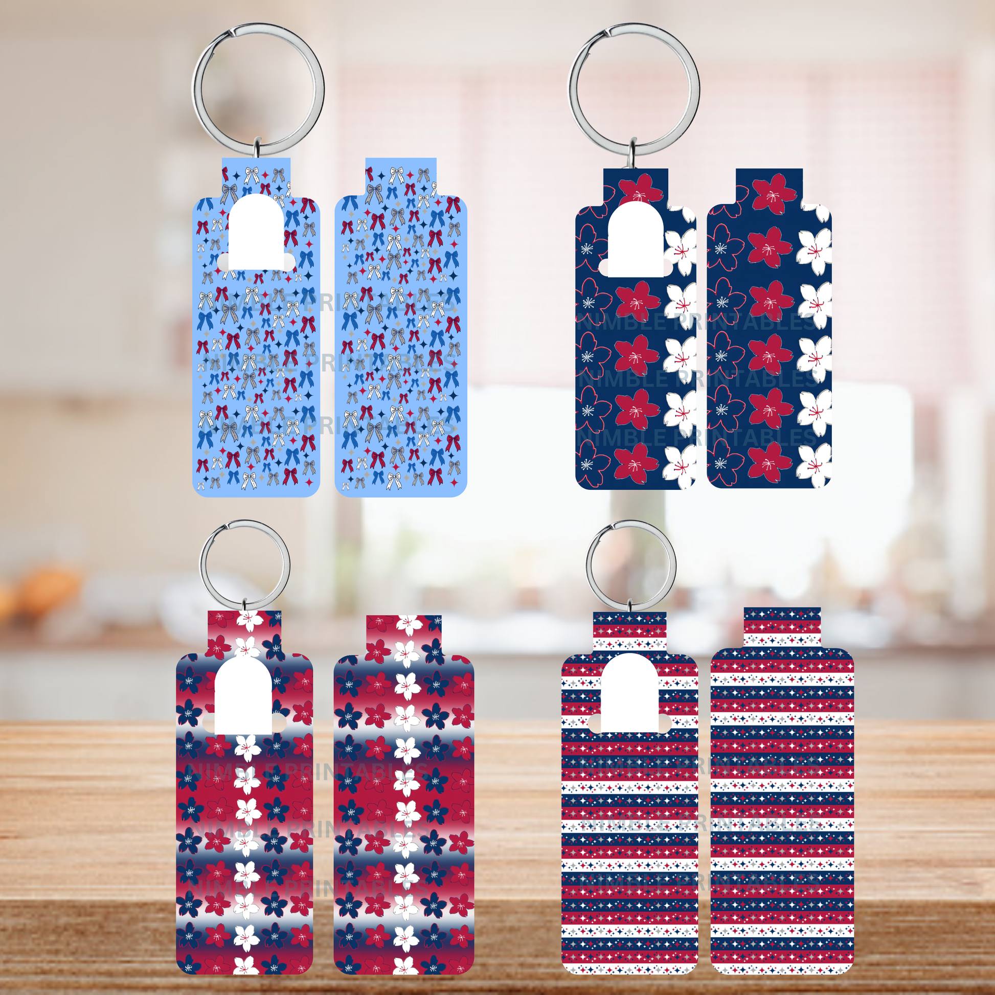 Four patriotic-themed keychains with bow, floral, and star patterns.