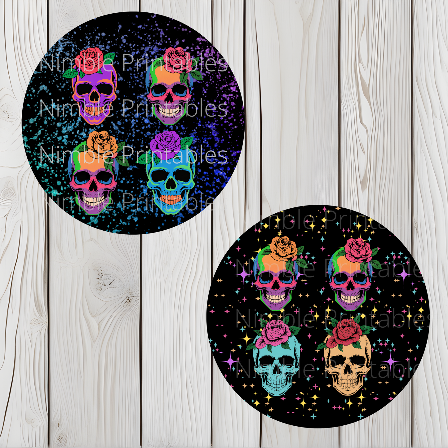 Six colorful skulls with roses adorn black backgrounds with stars and splatter effects.