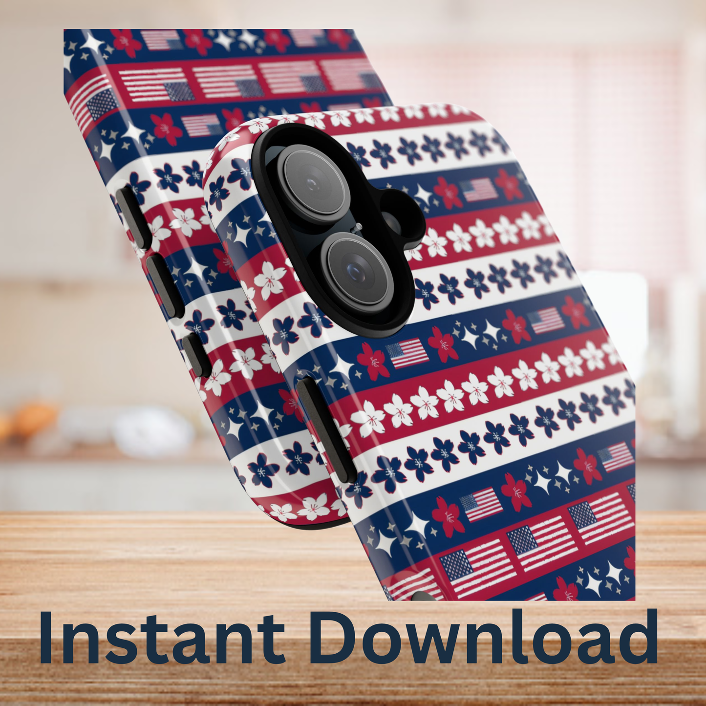 Phone case with American flag and floral pattern, "Instant Download" text.