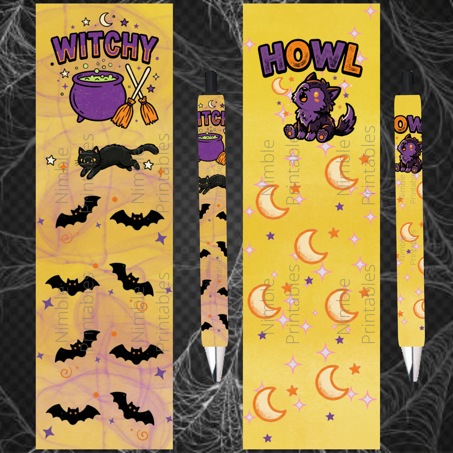 Halloween themed pen wraps featuring "Witchy" and "Howl" designs with cats and bats.