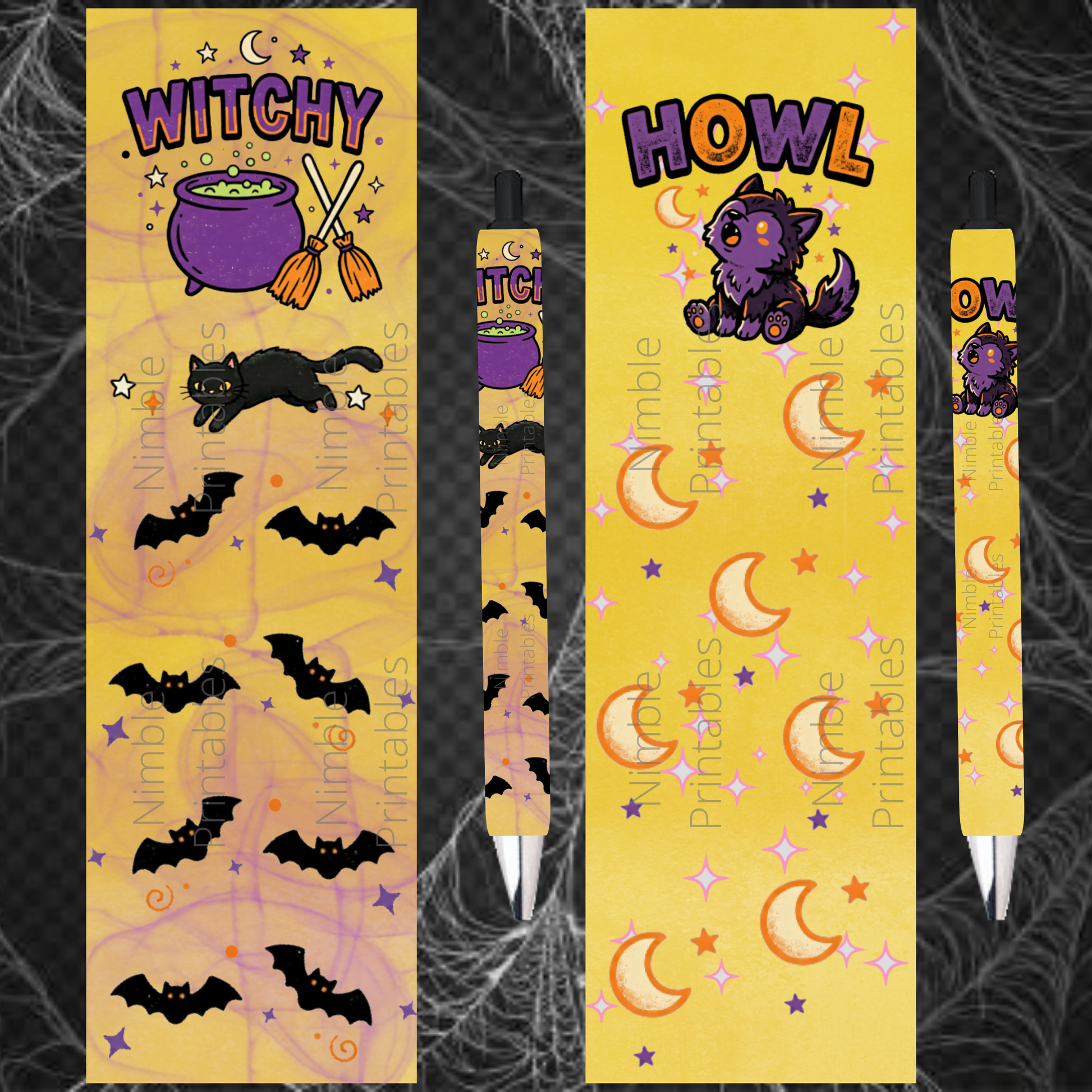 Halloween themed pen wraps featuring "Witchy" and "Howl" designs with cats and bats.