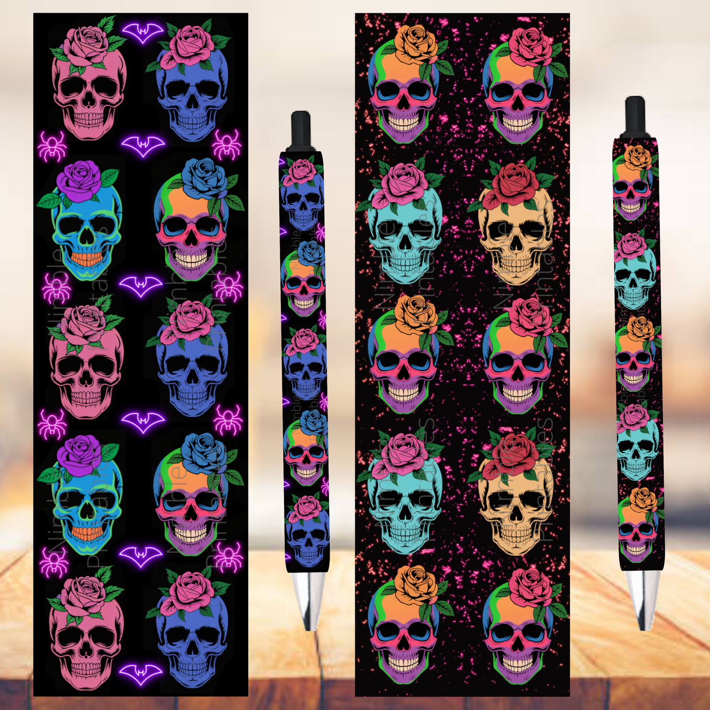 Day of the Dead style skulls adorned with roses and neon bats and spiders.