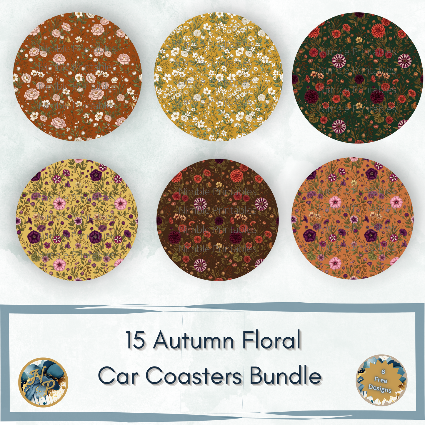 Six round autumn floral car coasters with text: 15 Autumn Floral Car Coasters Bundle.