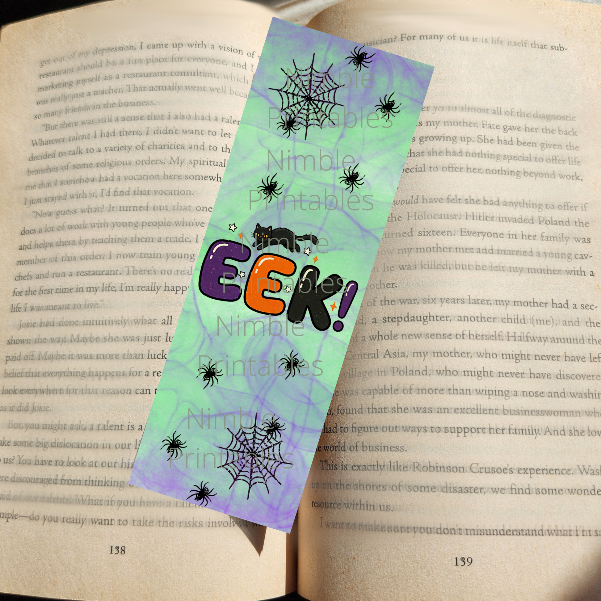 Eek graphic bookmark with black cat, spiders, and cobwebs on mint green background.