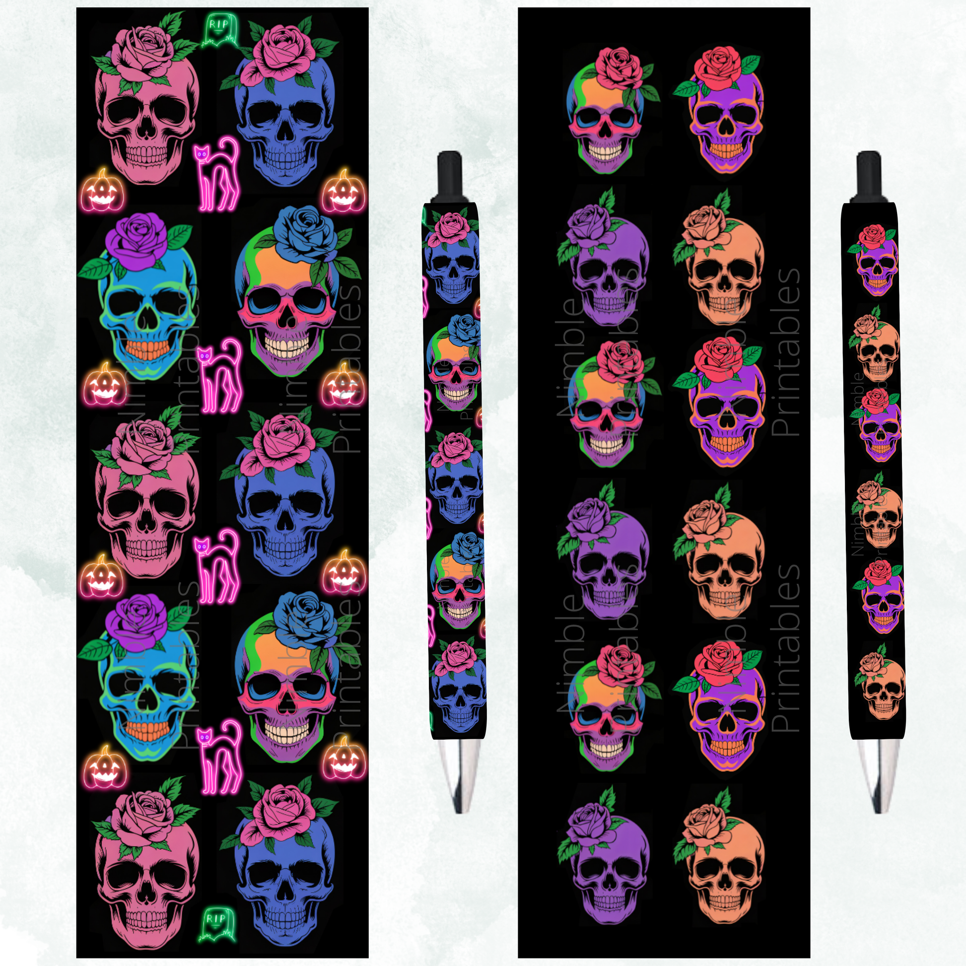 Neon decorative skulls with roses, pumpkins, cats, and RIP signs on a black background.